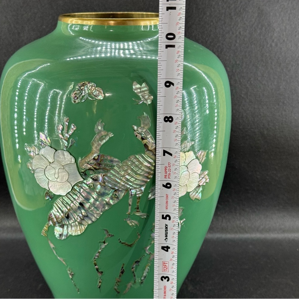 Vintage Green Enamel Over Brass Vase Mother of Pearl Inlay Peacock Bird - Picture 5 of 6
